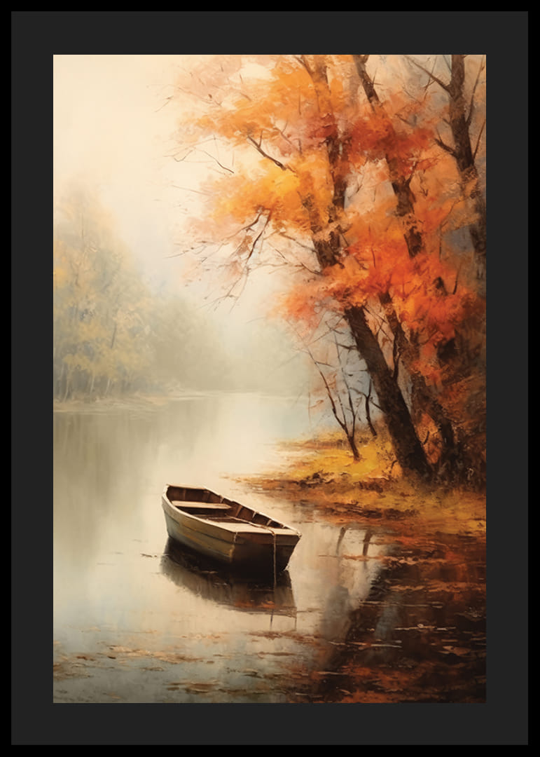 Watercolor of rowing boat at lakeside with autumn colored trees-12