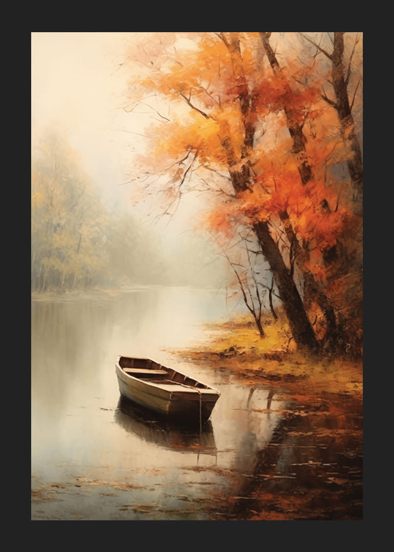 Watercolor of rowing boat at lakeside with autumn colored trees-12