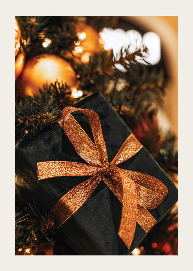 Close-up of black Christmas present with glittery ribbon among the branches of the fir tree-12