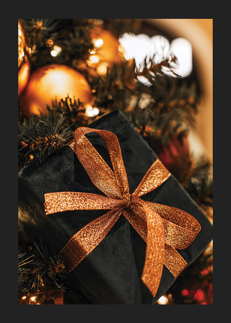 Close-up of black Christmas present with glittery ribbon among the branches of the fir tree-12