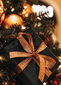 Close-up of black Christmas present with glittery ribbon among the branches of the fir tree-7