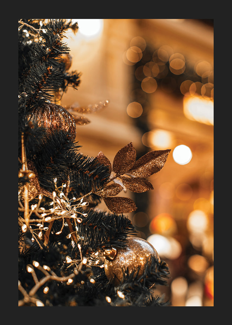 Close-up of fir tree with golden decorations and warm lights-12