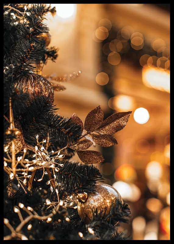 Close-up of fir tree with golden decorations and warm lights-12