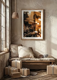 Close-up of fir tree with golden decorations and warm lights-8