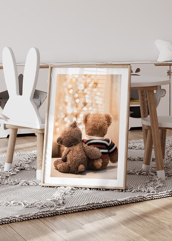 Two teddy bears from behind against bright Christmas tree, soft colors-12