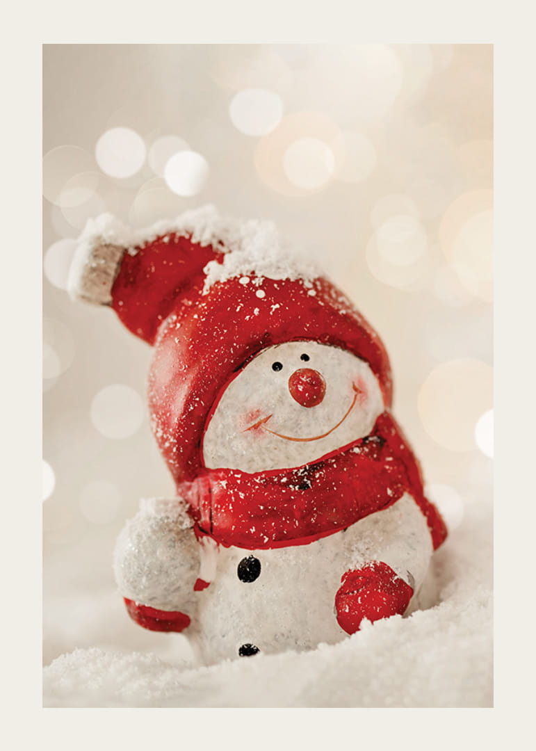 Snowman decoration with red hat and scarf in snow, photographed-12