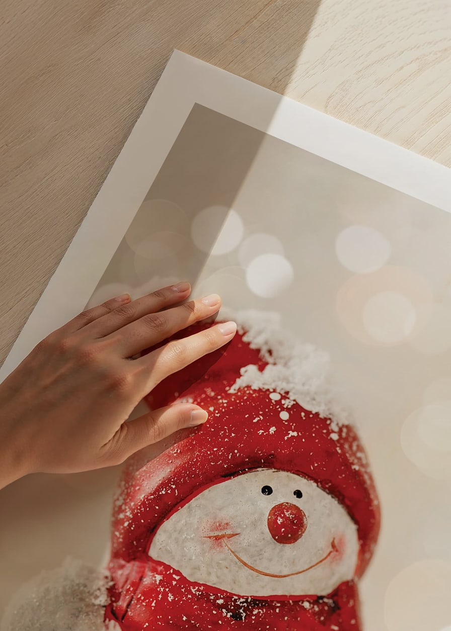 Snögubbedekoration med röd mössa och halsduk i snö, fotograferad-12