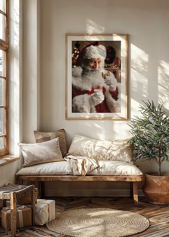 Jultomte med glas mjölk och chokladkaka i julmiljö-12