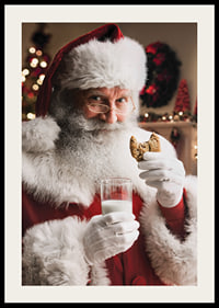 Jultomte med glas mjölk och chokladkaka i julmiljö-2