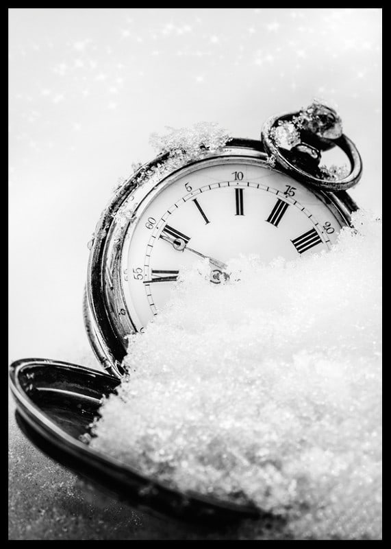Svartvitt foto av fickur med romerska siffror i snö-12