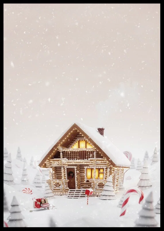 Illustration of log cabin in snowy candy land with Christmas atmosphere-12