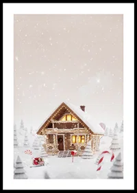 Illustration of log cabin in snowy candy land with Christmas atmosphere-0