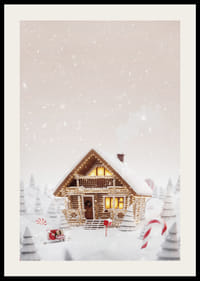 Illustration af bjælkehytte i snedækket slikland med julestemning-2