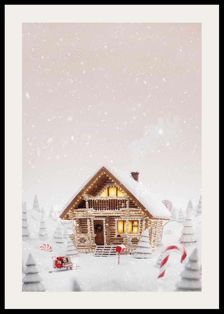 Illustration af bjælkehytte i snedækket slikland med julestemning-12