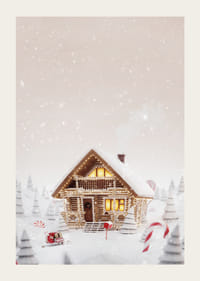 Illustration af bjælkehytte i snedækket slikland med julestemning-3