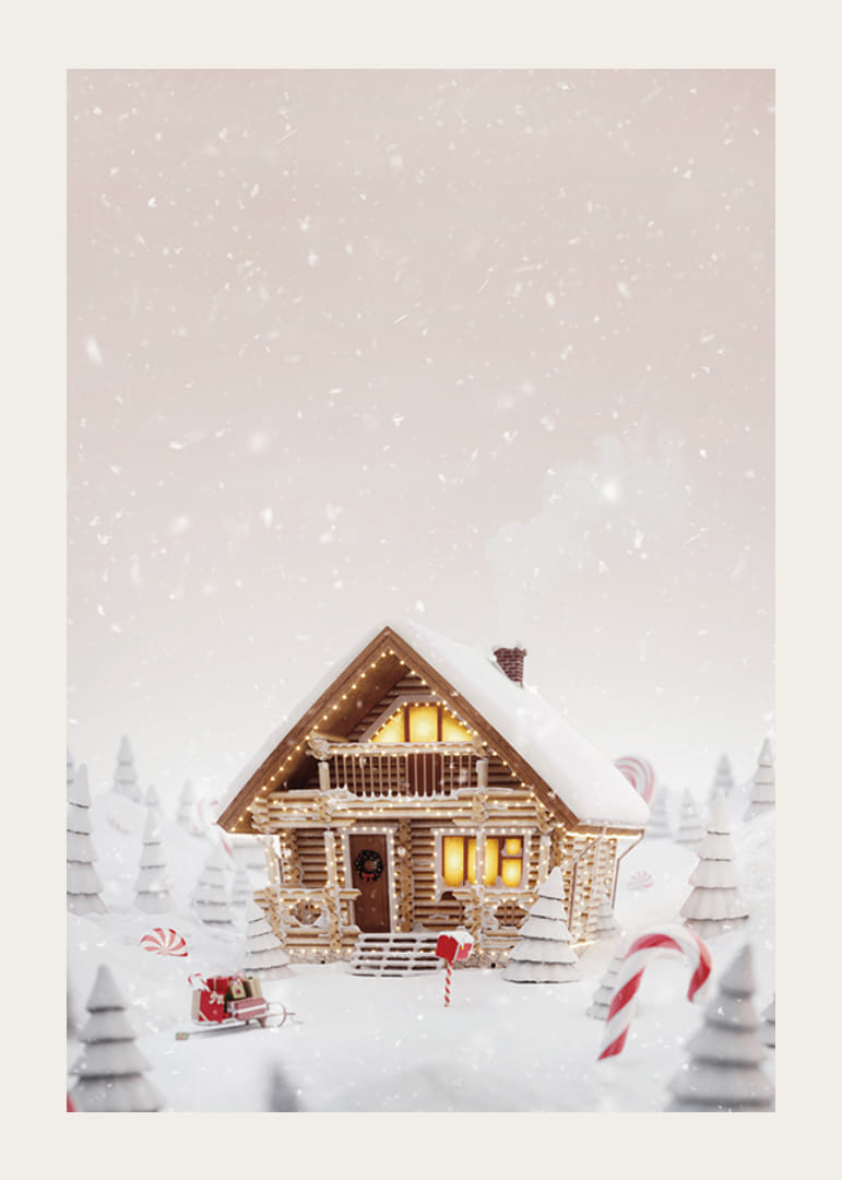 Illustration af bjælkehytte i snedækket slikland med julestemning-12