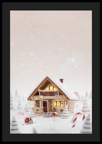 Illustration af bjælkehytte i snedækket slikland med julestemning-4