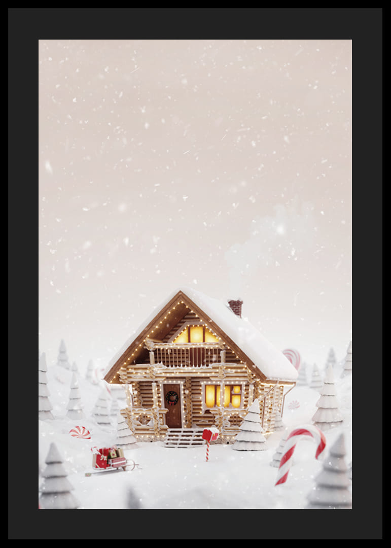 Illustration af bjælkehytte i snedækket slikland med julestemning-12