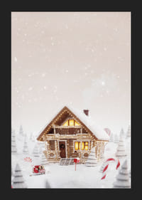 Illustration af bjælkehytte i snedækket slikland med julestemning-5