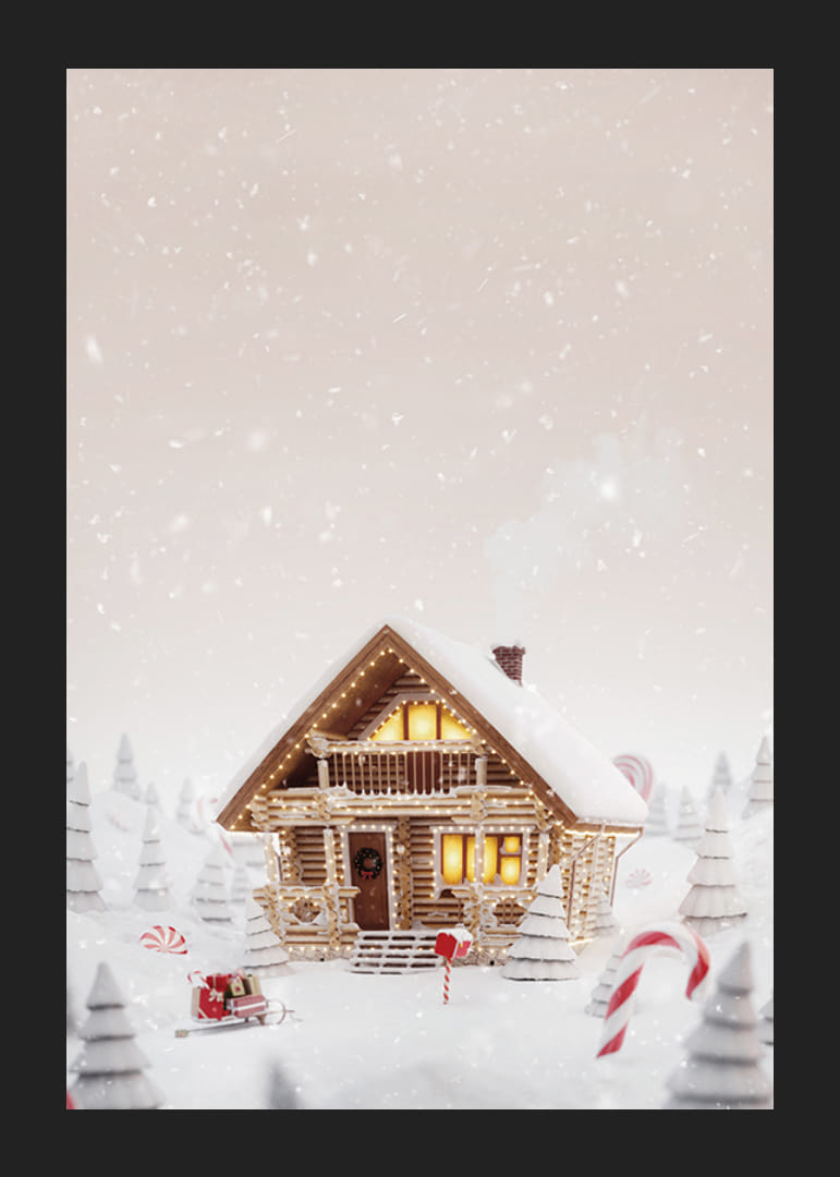 Illustration af bjælkehytte i snedækket slikland med julestemning-12