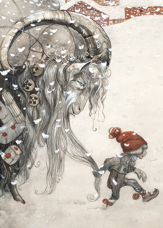 Christmas goat and children in winter landscape, illustration by Bauer-12