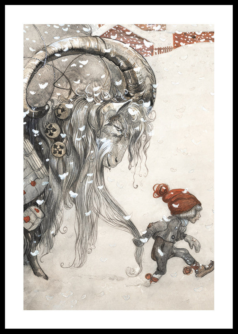 Christmas goat and children in winter landscape, illustration by Bauer-12