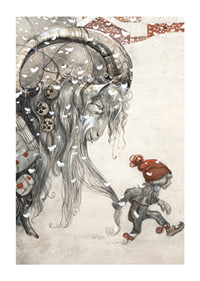 Christmas goat and children in winter landscape, illustration by Bauer-1
