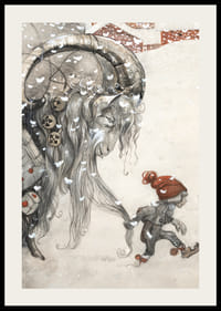 Julbock och barn i vinterlandskap, illustration av Bauer-2