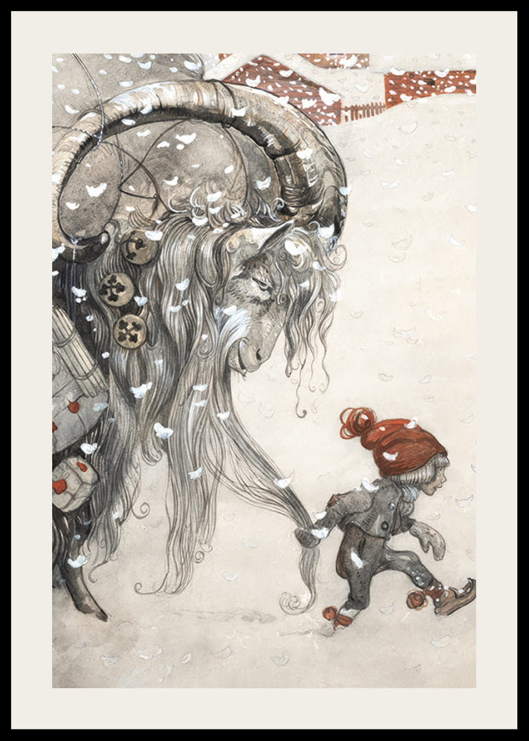 Julbock och barn i vinterlandskap, illustration av Bauer-12