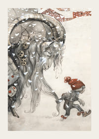 Julbock och barn i vinterlandskap, illustration av Bauer-3