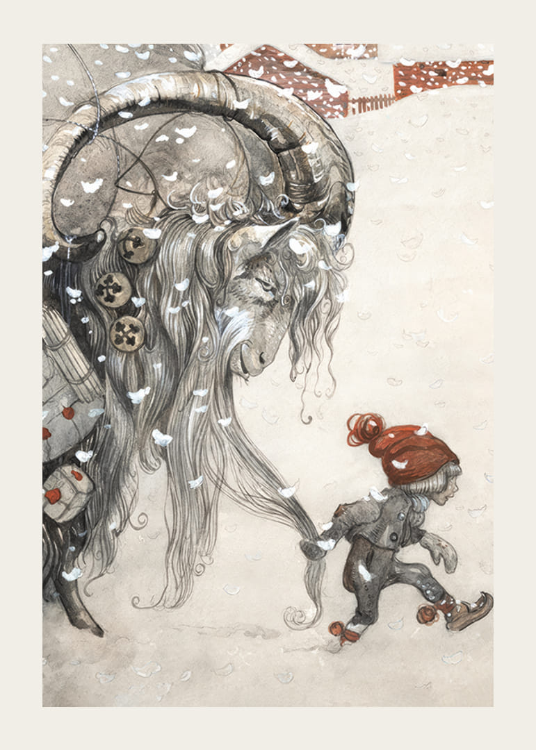 Julbock och barn i vinterlandskap, illustration av Bauer-12