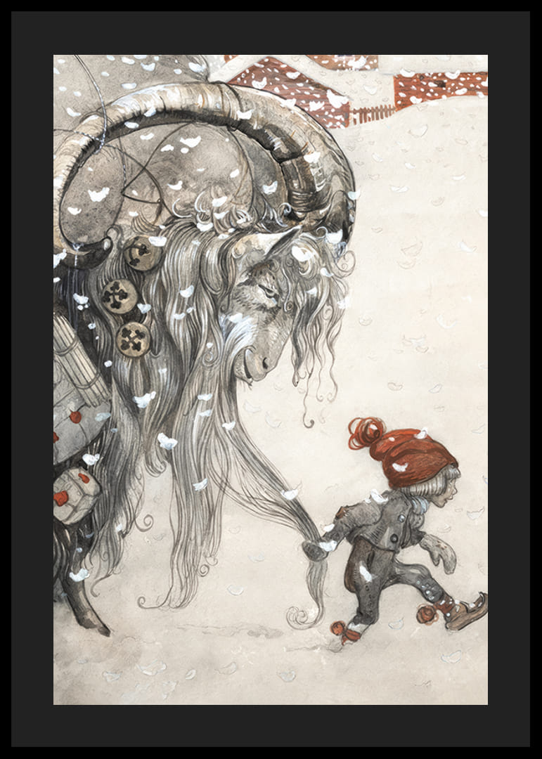 Julbock och barn i vinterlandskap, illustration av Bauer-12