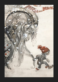 Julbock och barn i vinterlandskap, illustration av Bauer-5