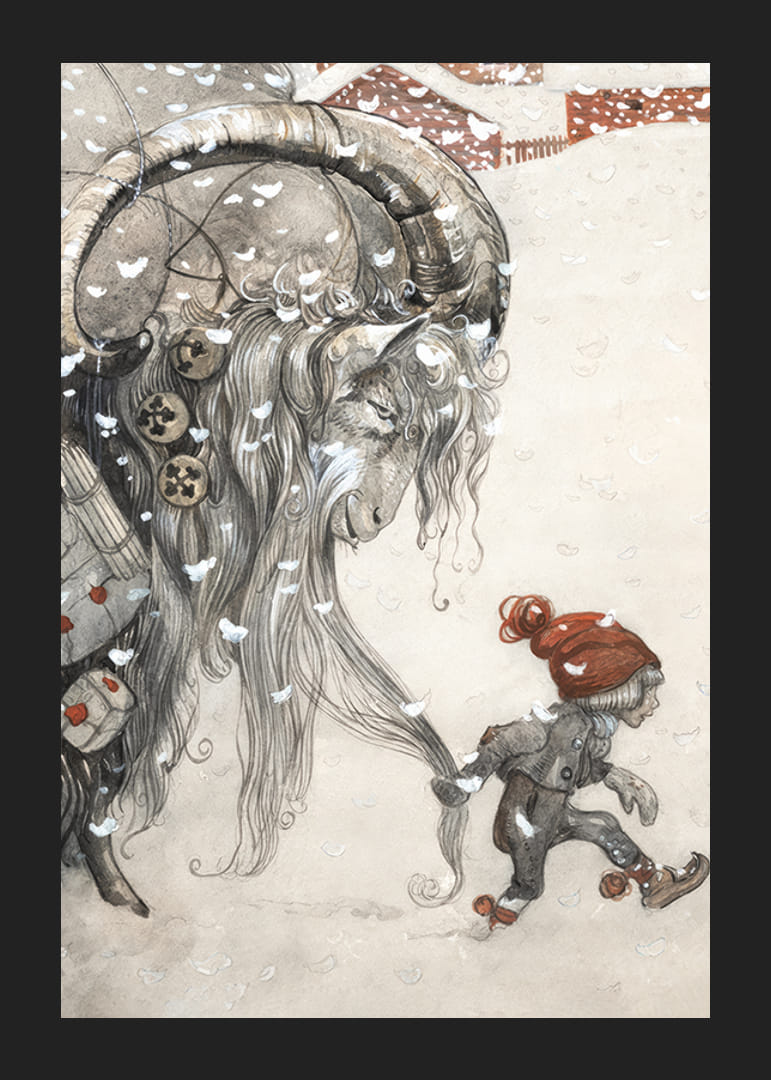 Julbock och barn i vinterlandskap, illustration av Bauer-12