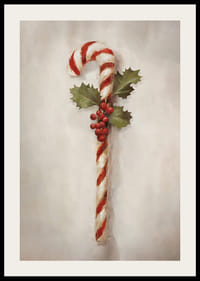 Malt sukkerstang med kristtornblader og røde bær på lys bakgrunn-2