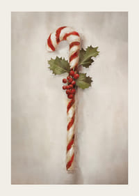 Malt sukkerstang med kristtornblader og røde bær på lys bakgrunn-3