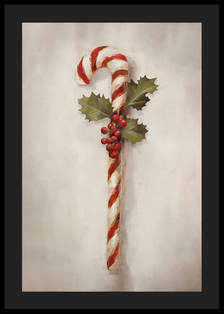 Malt sukkerstang med kristtornblader og røde bær på lys bakgrunn-12