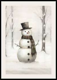 Akvarell av snögubbe med svart hatt och rutigt halsduk-2