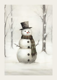 Akvarell av snögubbe med svart hatt och rutigt halsduk-3