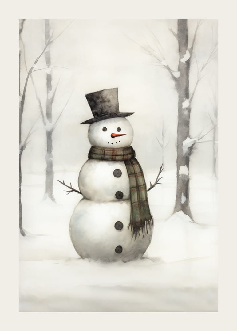 Akvarell av snögubbe med svart hatt och rutigt halsduk-12