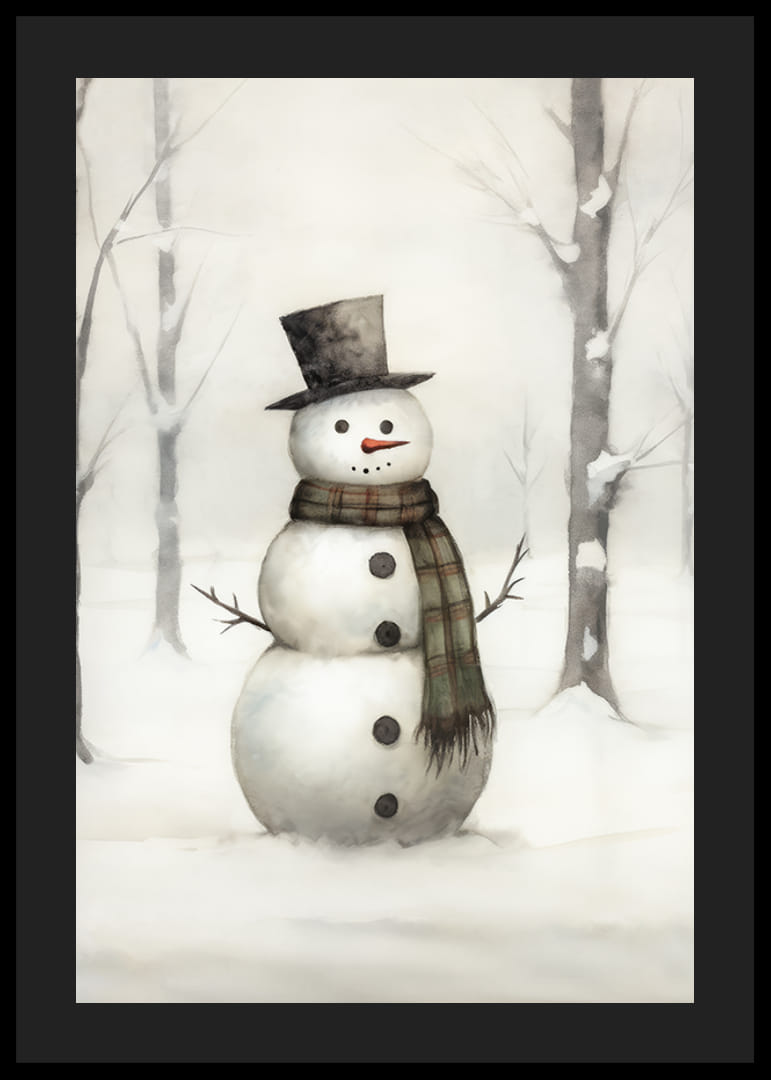 Akvarell av snögubbe med svart hatt och rutigt halsduk-12