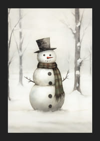 Akvarell av snögubbe med svart hatt och rutigt halsduk-5