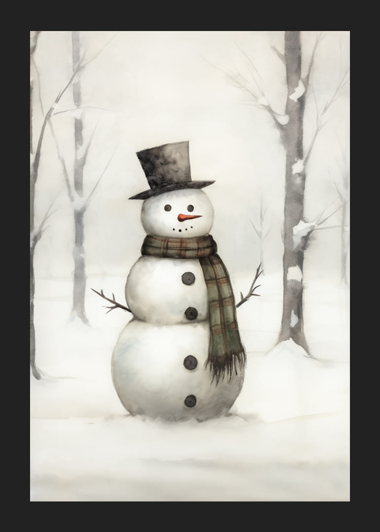Akvarell av snögubbe med svart hatt och rutigt halsduk-12