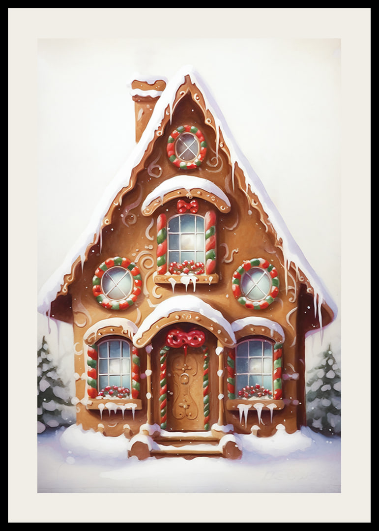 Illustrated gingerbread house decorated with candy and snow-12