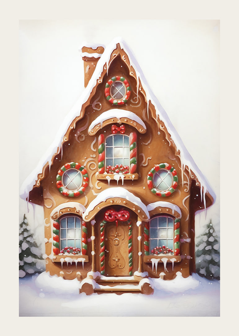 Illustrated gingerbread house decorated with candy and snow-12