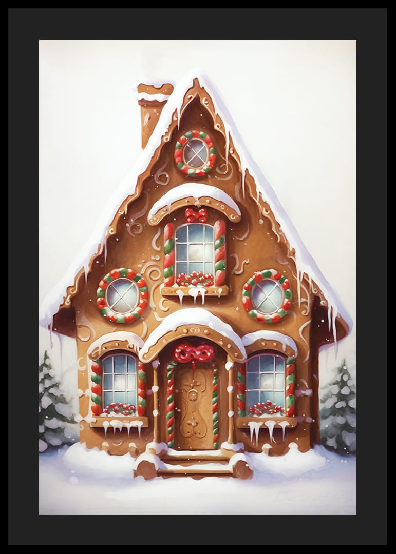Ilustrovaná perníková chalúpka zdobená cukríkmi a snehom-12