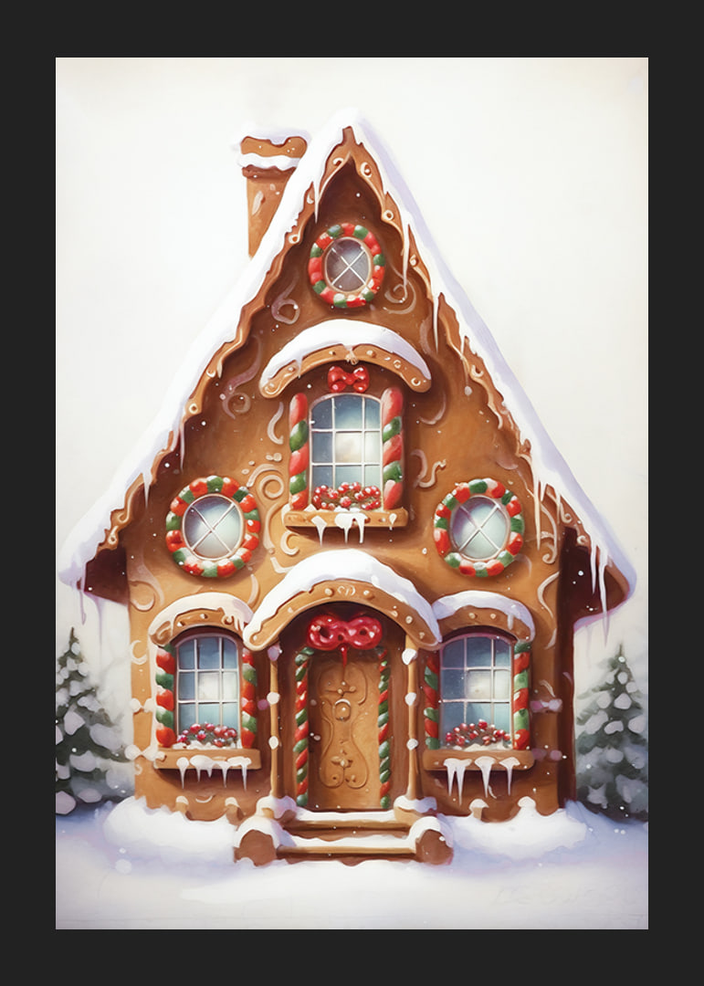Illustrated gingerbread house decorated with candy and snow-12