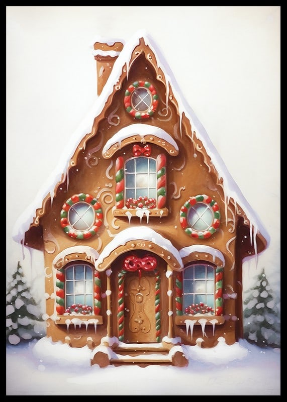 Illustrated gingerbread house decorated with candy and snow-12