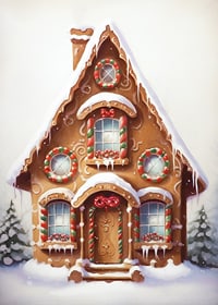 Illustrated gingerbread house decorated with candy and snow-7