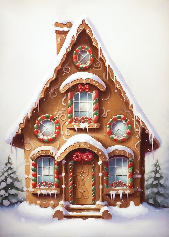Illustrated gingerbread house decorated with candy and snow-12
